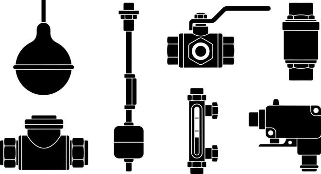 Plumbing Fluid Control Hardware Vector Silhouette Set with Float Switch Valves Ball Joint Lever Glass Sight Level Gauge and Pipe Fitting Connectors