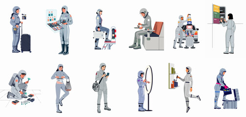Flat vector illustration set of female astronauts in space suits performing beauty routines, applying makeup, and traveling with luggage. © Arto