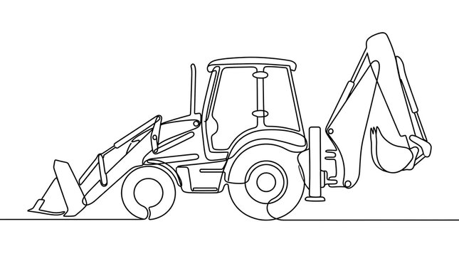 Single line drawing of backhoe loader construction machinery