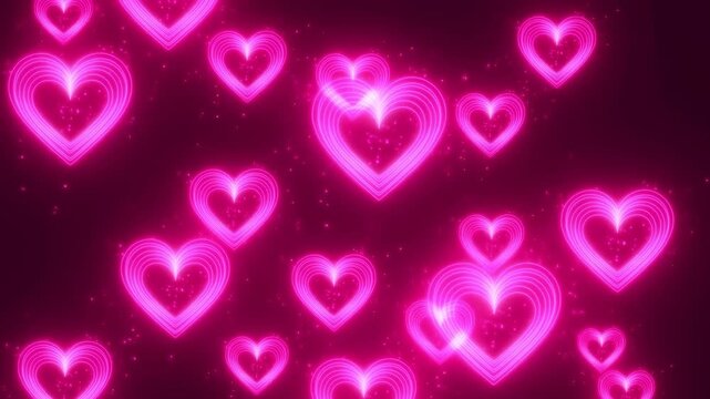 Static shot of glowing pink neon heart shapes scattered across dark magenta background, romantic love decoration pattern