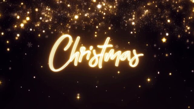 Static shot of glowing golden "Christmas" cursive text with falling snowflakes and sparkling gold lights on dark background
