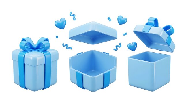 A collection of light blue gift boxes with ribbons and bows shown in closed and open states isolated on a clean white studio background