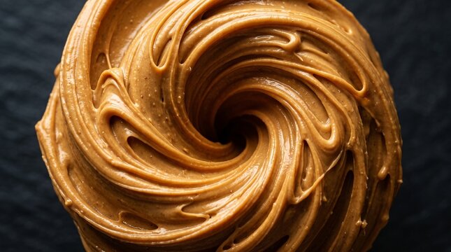 Top view close up of smooth creamy peanut butter texture swirled into a spiral pattern on dark background