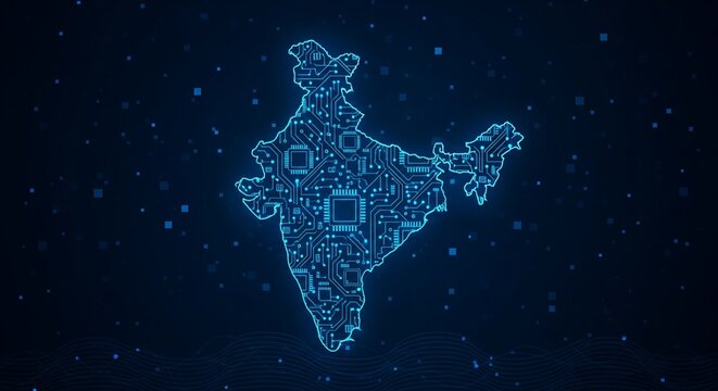 Digital India Concept: Futuristic Abstract Map of India Made of Blue Circuit Board Lines and Glowing