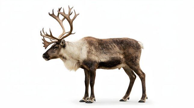 A majestic adult reindeer with large antlers standing in profile isolated on a clean white background perfect for winter holiday and nature themed designs