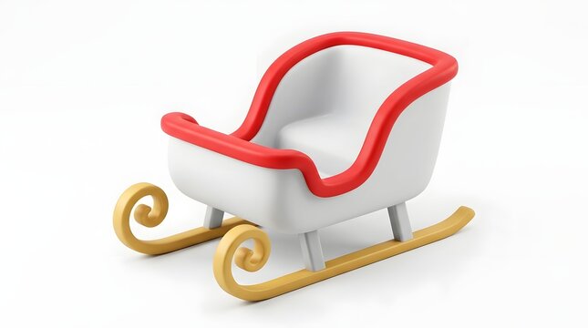 A festive 3d rendered santa claus sleigh with a white body red trim and gold runners isolated on a clean white background for christmas