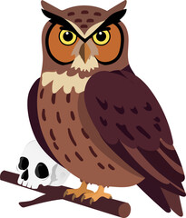 Fototapeta premium Owl perched on branch with skull, featuring brown and orange feathers and intense yellow eyes, creating mysterious and eerie atmosphere