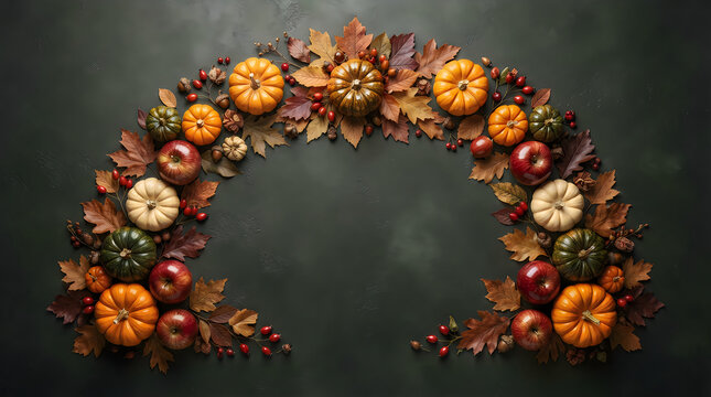 Autumn harvest wreath with pumpkins and fall leaves arranged in a semi circle on dark background