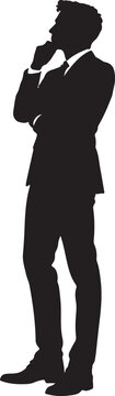 Man in suit deep in thought with hand on chin during contemplation with clean silhouette isolated on white background