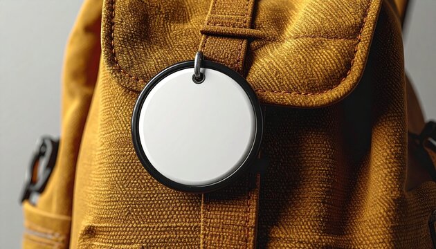 Close-up white Circle badge on a brown canvas backpack. Blank round pin mockup of clothing