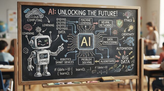 Educational chalkboard featuring ai concepts and robot illustration in a classroom setting