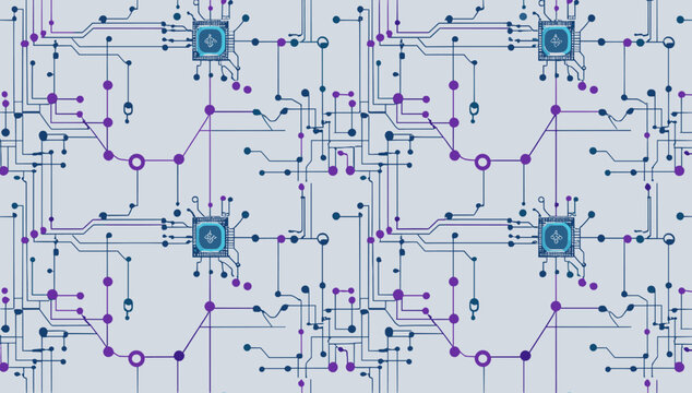 Stylized abstract illustration of a digital circuit board with blue and purple interconnected lines on a light gray background, ideal for technology and data themed marketing.