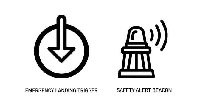 Emergency landing trigger and safety alert beacon icons with emergency security notification critical protection industrial technology aviation protocol communication operational