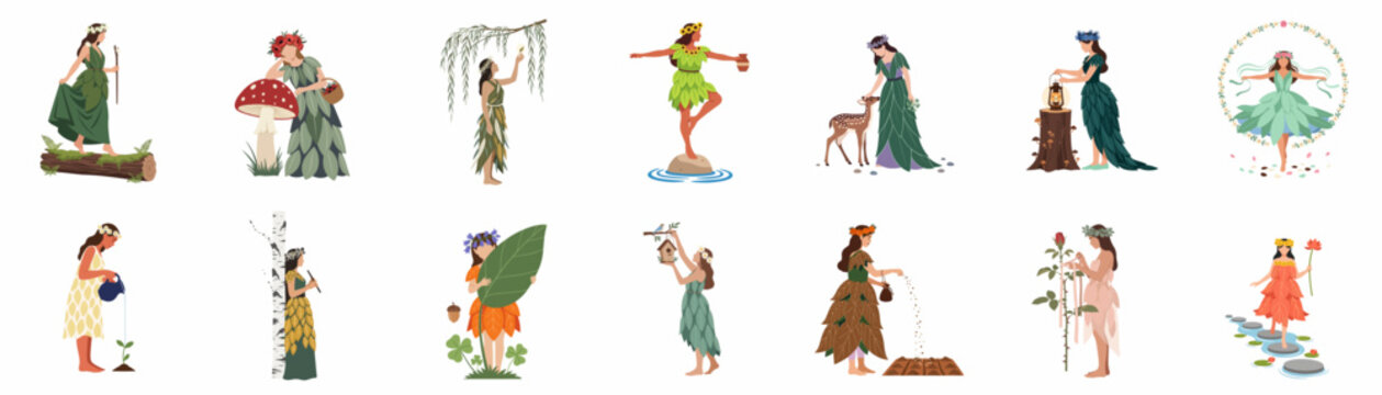 Collection of whimsical forest nymphs and nature spirits in leafy dresses performing various ecological tasks and magical activities in a mythical woodland setting.
