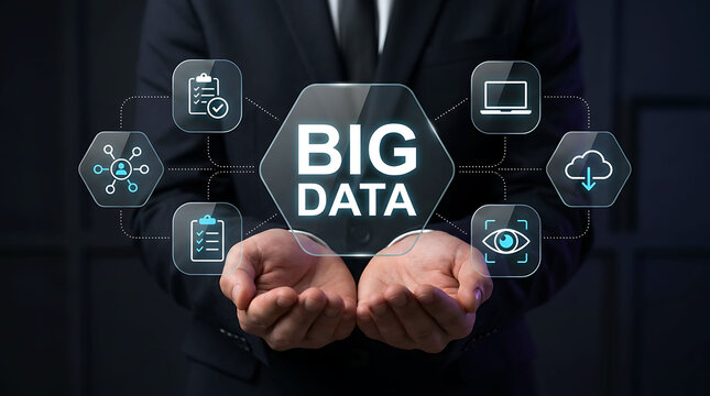 Businessman holding big data analysis tech icons on futuristic display