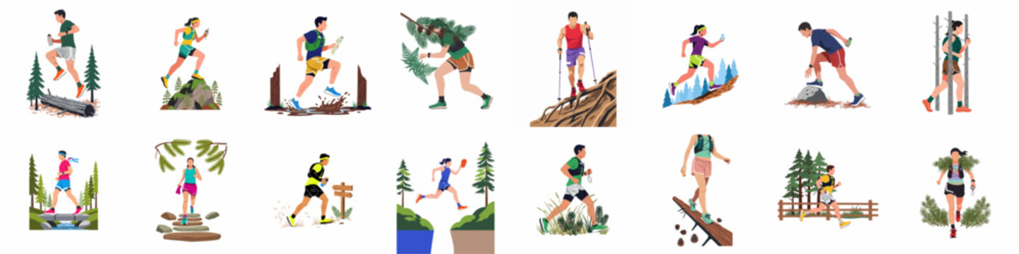 Collection of diverse trail running and hiking illustrations featuring men and women exercising in various natural environments like forests, mountains, and muddy trails.