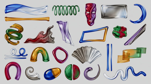 Sustainable mega toolkit of twenty five abstract 3D glass shapes, graphic elements, and artistic forms for modern digital design
