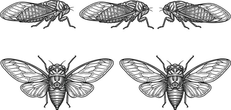 Black and white vintage engraved illustration set of cicada insects with spread wings and side profiles