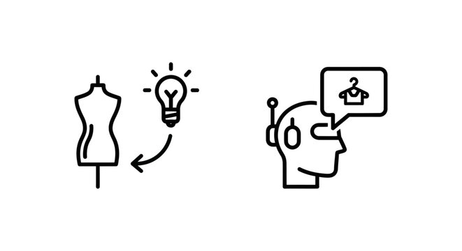 Style recommendation engine and AI fashion assistant icons set with mannequin clothing artificial intelligence technology innovation shopping tailoring creative automation commerce