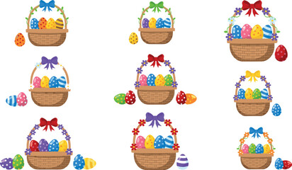 Naklejka premium Colorful Easter Basket Vector Set Featuring Painted Eggs Ribbon Bows and Floral Ornaments for Spring Holiday Designs