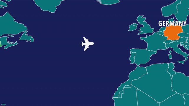 Flight Map Animation Showing Airplane Route Travelling From USA to Germany. Perfect visual for video editors, content creators, and marketing agencies needing high-end geographical transitions.