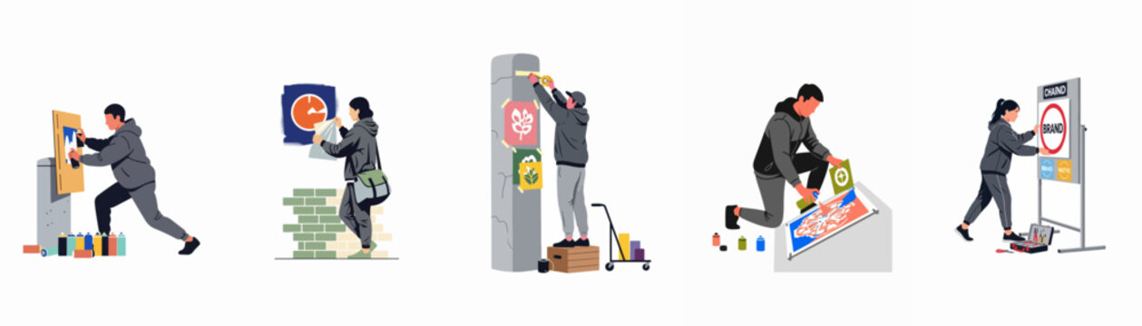 Set of flat vector illustrations depicting people engaged in various street art, poster pasting, and guerrilla marketing activities on a white background.