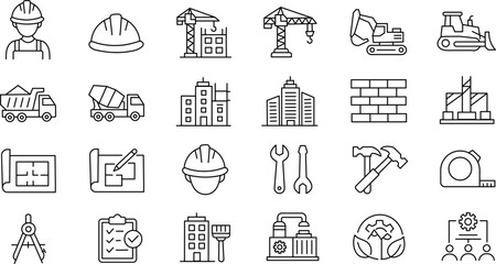 Construction thin line icon set crane excavator bulldozer worker helmet © Lightness World