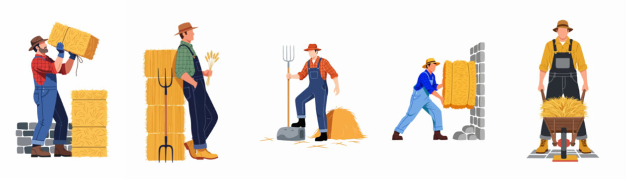 Collection of male farmers in overalls and hats working with hay bales, pitchforks, and wheelbarrows, isolated on a white background.