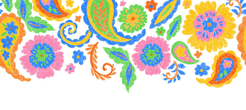 bright seamless border of oriental ornaments, flowers, and paisley. Colorful crayons illustration.