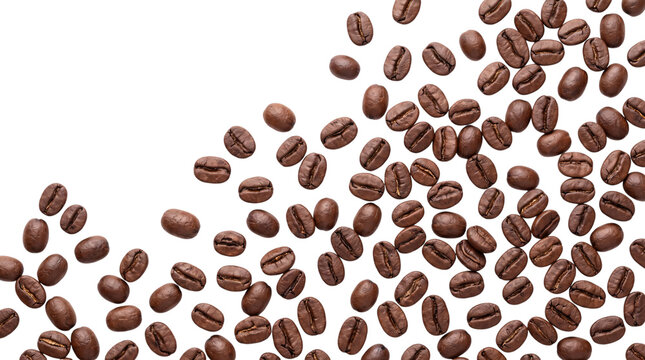 Scattered roasted coffee beans on black png isolated on transparent background