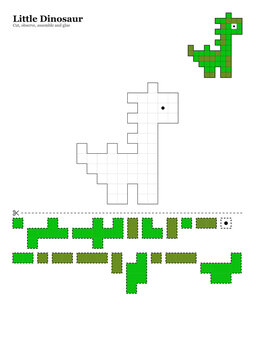 Little dinosaur pixel art template for cut and assemble activity  