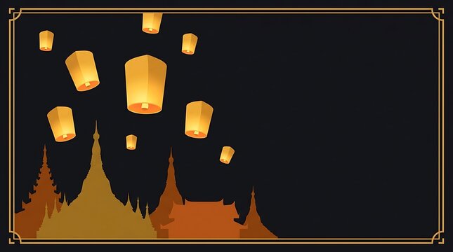 Golden sky lanterns floating over temple silhouettes at night