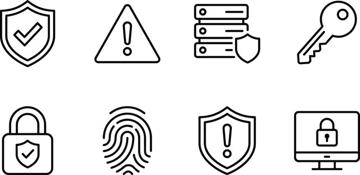 Cyber security and data privacy outline icon set featuring shield, padlock, fingerprint, and secure server