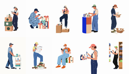 Fototapeta premium Flat vector illustration set of warehouse and retail workers performing various inventory management, shipping, and fulfillment tasks in a professional environment.