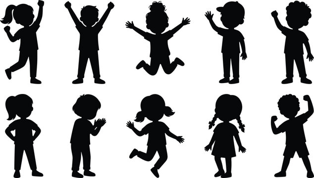 Kids Silhouette Collection with Happy Children Standing Jumping Waving and Playing Vector Set