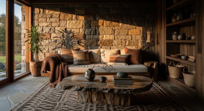 Cozy Rustic Interior With Natural Stone Walls And Warm Sunlight