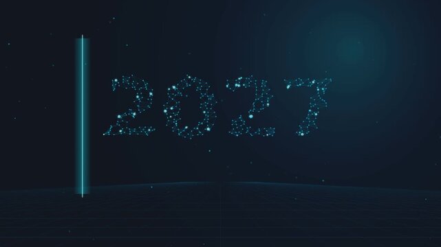 Futuristic 2027 year animation with glowing digital particles and scanline motion on dark background.