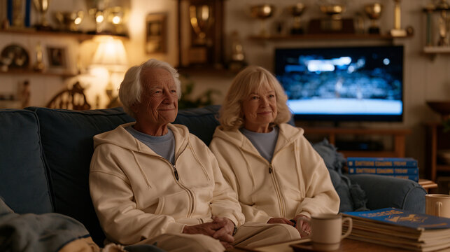 Elderly cheerleading coaches share a deep sofa in warm lamp-lit living room, streaming an evening athletics documentary on a widescreen television, trophy shelves lining the walls