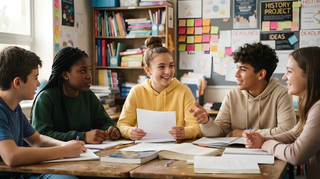 Diverse group of students collaborating on a history project in a classroom