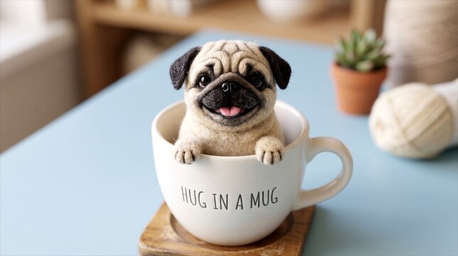 Adorable needle felted wool craft of a tiny pug sitting inside a ceramic coffee cup