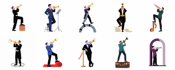 A collection of male trumpet players in formal attire and various poses, showcasing music, performance, and elegance in a flat vector style. © dewi