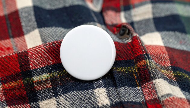 Close-up white Circle badge on a plaid shirt. Blank round pin mockup of clothing