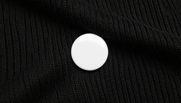 Close-up white Circle badge on a black sweater. Blank round pin mockup of clothing