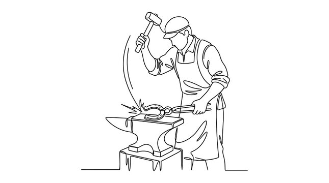 Blacksmith Continuous Line Drawing Hammering Horseshoe on Anvil