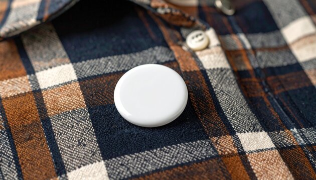 Close-up white Circle badge on a plaid shirt. Blank round pin mockup of clothing
