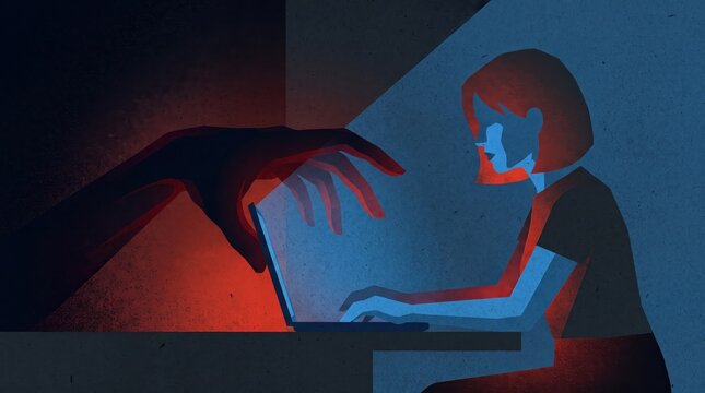 illustration of caucasian woman using laptop with giant menacing hand reaching from dark. concept of cyberstalking, online harassment and cybercrime. banner, website header