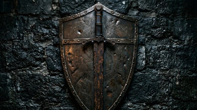 An ancient weathered metal shield with a sword emblem mounted on a dark textured stone wall background