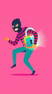 cartoon thief in black mask sneaking with glowing digital padlock and binary code on pink background. data theft, cyber security breach, hacking concept. web graphic, poster with copyspace.