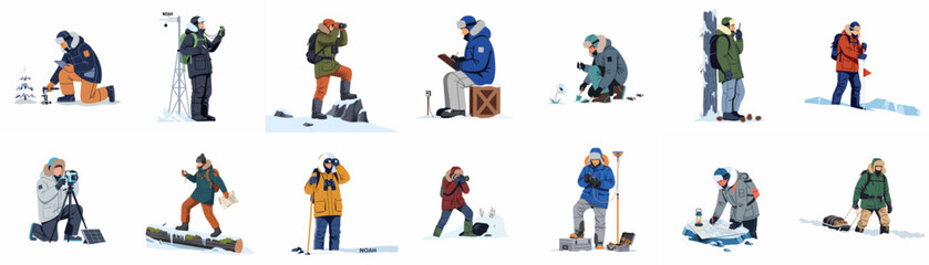 Comprehensive collection of flat vector illustrations featuring polar explorers, scientists, and researchers conducting various fieldwork activities in a snowy arctic environment. © Akira