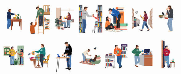 Fototapeta premium Flat Illustration Set of Students Studying and Snacking in a Library or College Campus Environment